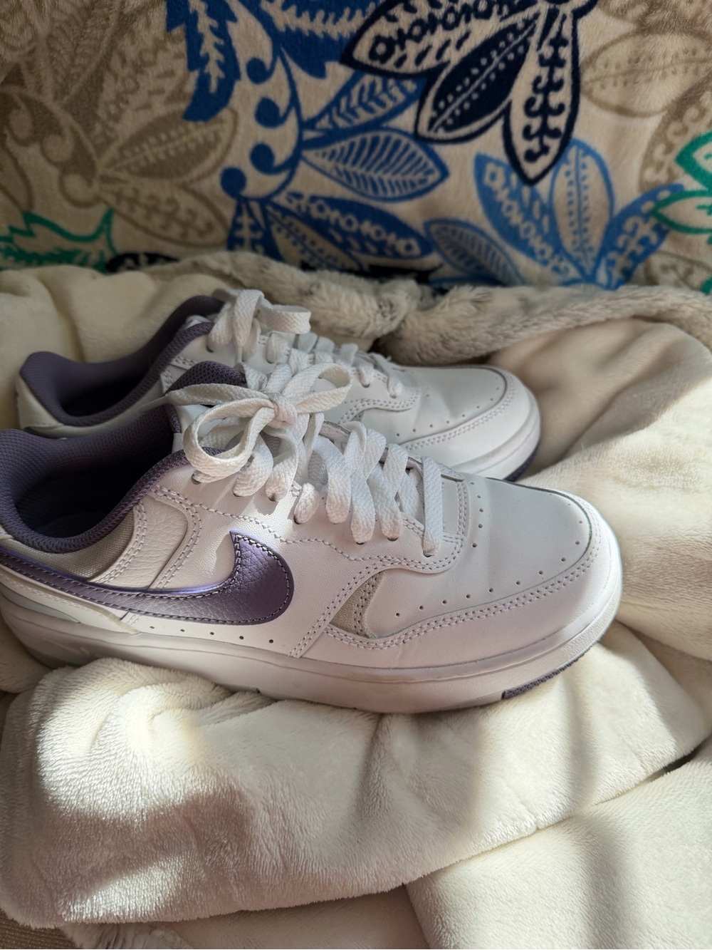 Nike Women’s White Sneakers with Metallic Purple Swoosh